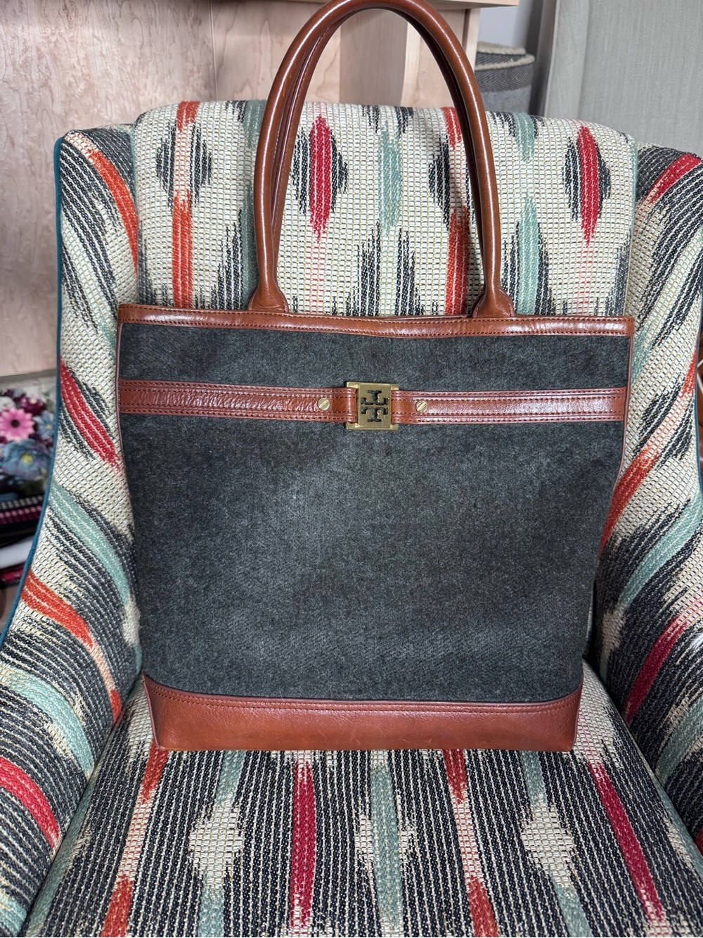Tory Burch Wool & Leather Tote Bag in Charcoal/Cognac - Picture 2 of 6